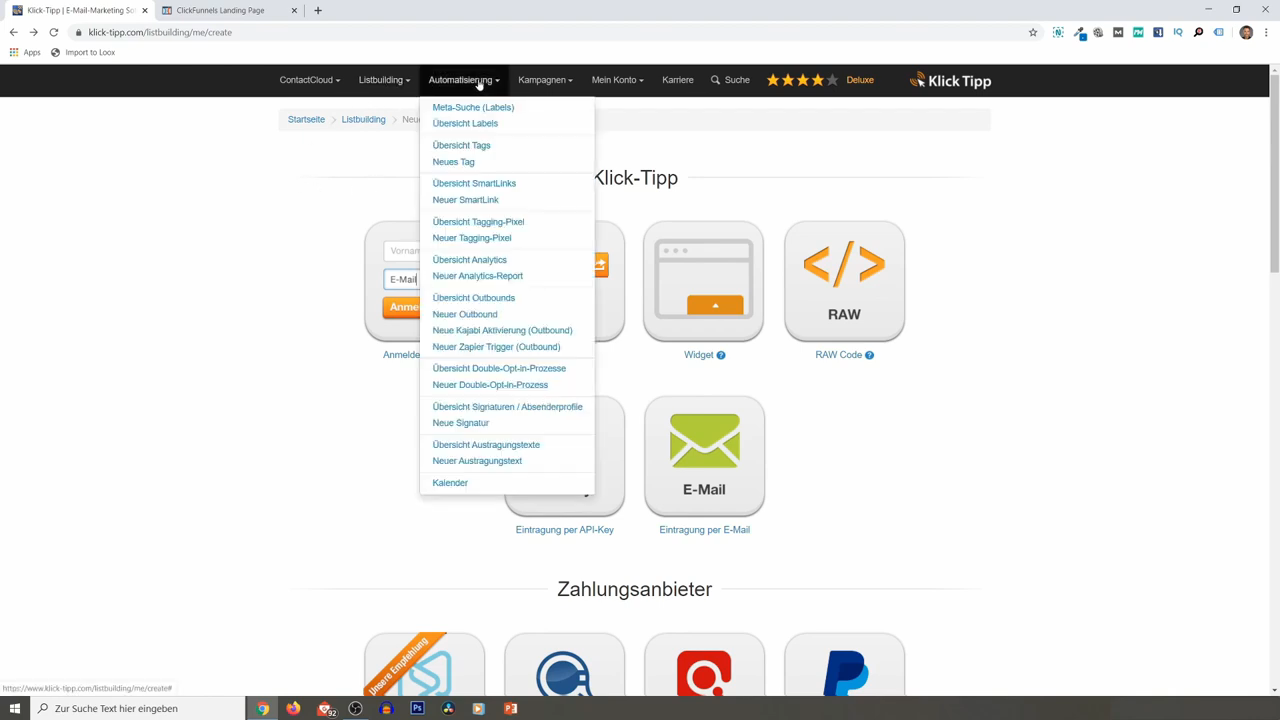 KlickTipp automation builder interface showing email sequence workflow